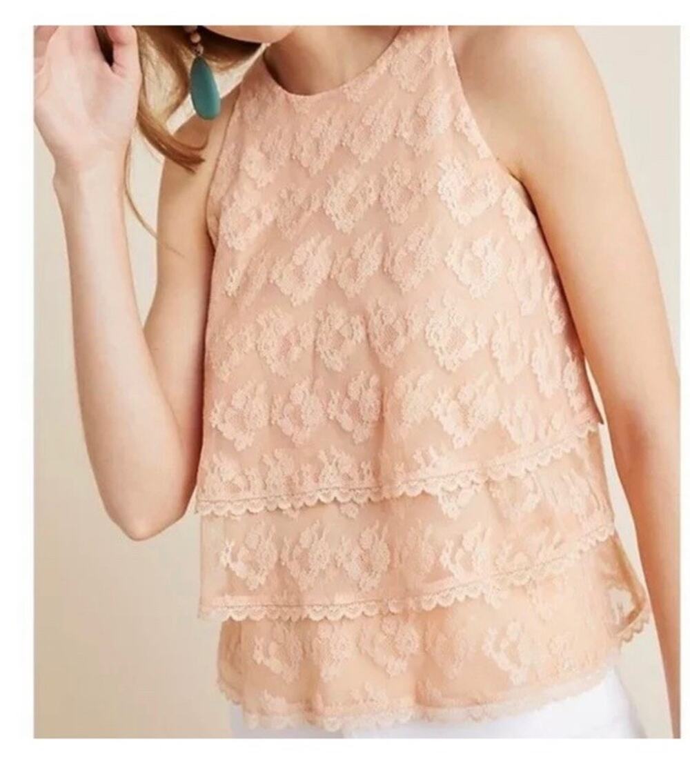 Anthropologie Lace Tiered Sleeveless Blouse Top Women Size 2 Peach Lined